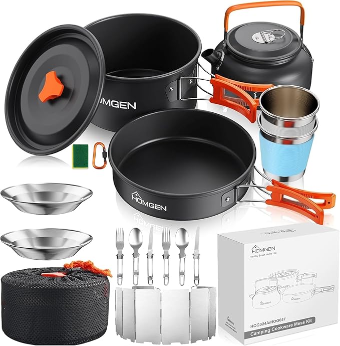 HOMGEN 17-Piece Camping Cooking Set with Stove Windshield & 2 Plates - Lightweight Aluminum Nesting Pot/Frying Pan Teapot - Complete Camping Mess Kit for Backpacking Picnics Outdoor Cooking Camping