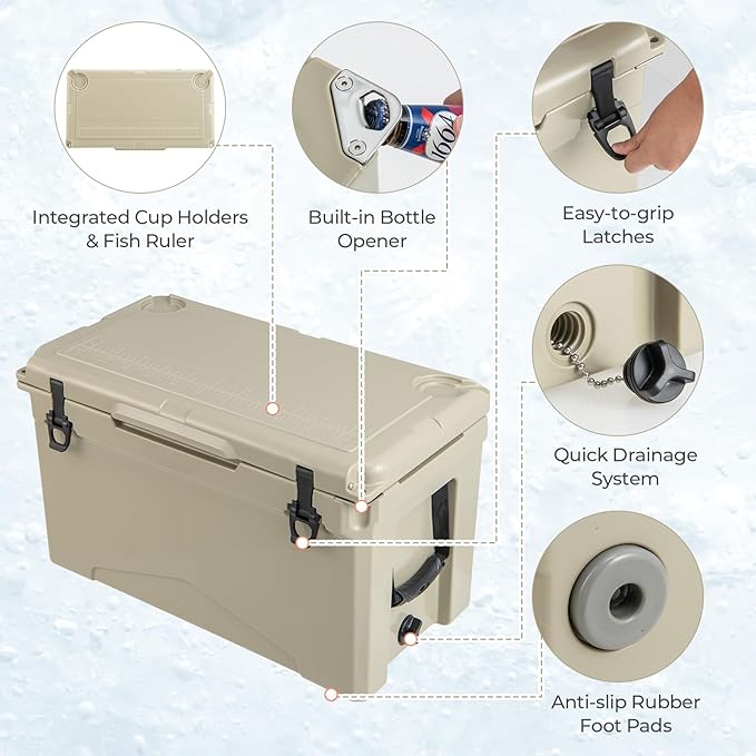 Goplus Hard Cooler, Insulated Ice Chest w/Portable Handles, Cup Holders, Ruler, Bottle Opener, 6 Day Ice Retention for Drink, Beverage, Camping, Fishing, Beach