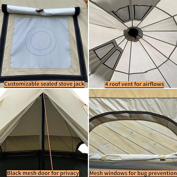 DANCHEL OUTDOOR B2A Portable Bell Tent No Center Pole, 4 Season Yurt with Stove Jack Spacious Interior for 4/8 Person Camping Hiking Glamping 300D Oxford Nylon,13ft/16.4ft Khaki