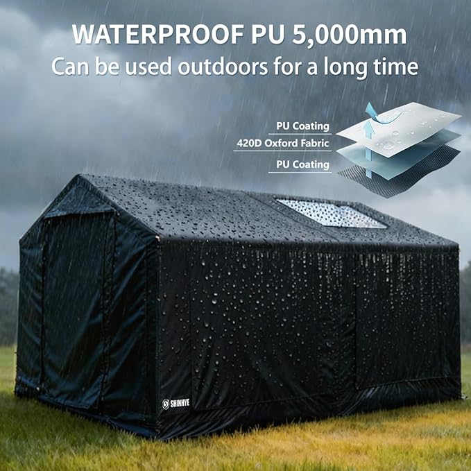 Inflatable Large Tent, Blow Up Tent with Hand Pump Waterproof 4 Season Air Tents Luxury Black Oxford Cabin Glamping House Easy Setup Outdoor Family Hot Tents for Camping 4-8 Person