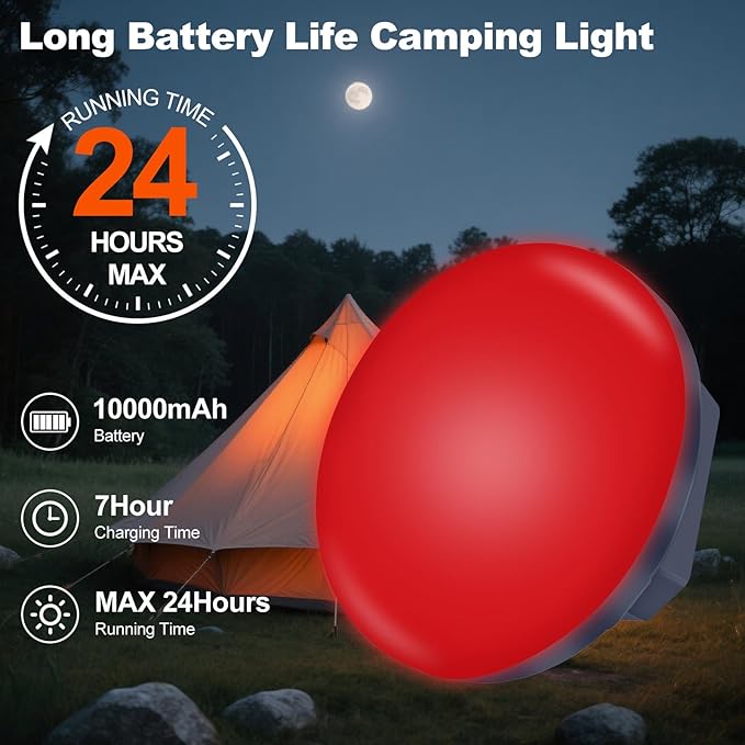 2pcs 10000mAh Rechargeable 3000LM Tent Light Camping Light, 6500K 24Hours Long Play Time , Outdoor Night Market Light Night Fishing Light Emergency Lights for Hurricane Tsunami disasters (Red)