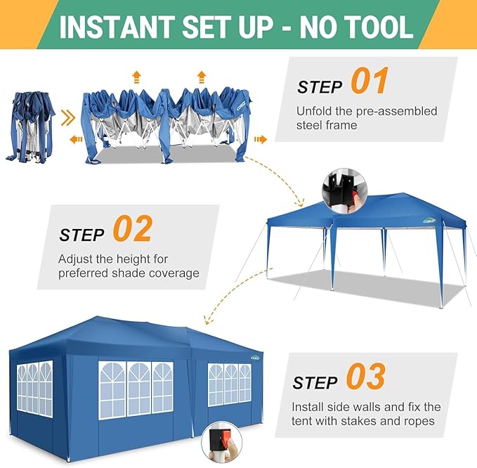 COBIZI Canopy 10x20 Pop Up Canopy with 6 Sidewalls,Waterproof Canopy Outdoor Event Shelter UPF 50+ Gazebo Tents for Parties Beach Camping Wedding Commercial Instant Easy up Canopy 10x20,Blue