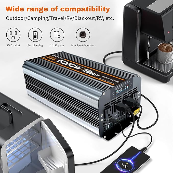 Power Inverter DC 24V to AC 110V/120V Converter with LCD Display Wireless Controller, Cable Pair,AC outlets USB.RV Travel,Suitable for Camping,and Off-Grid Solar Systems (6000w-24v)