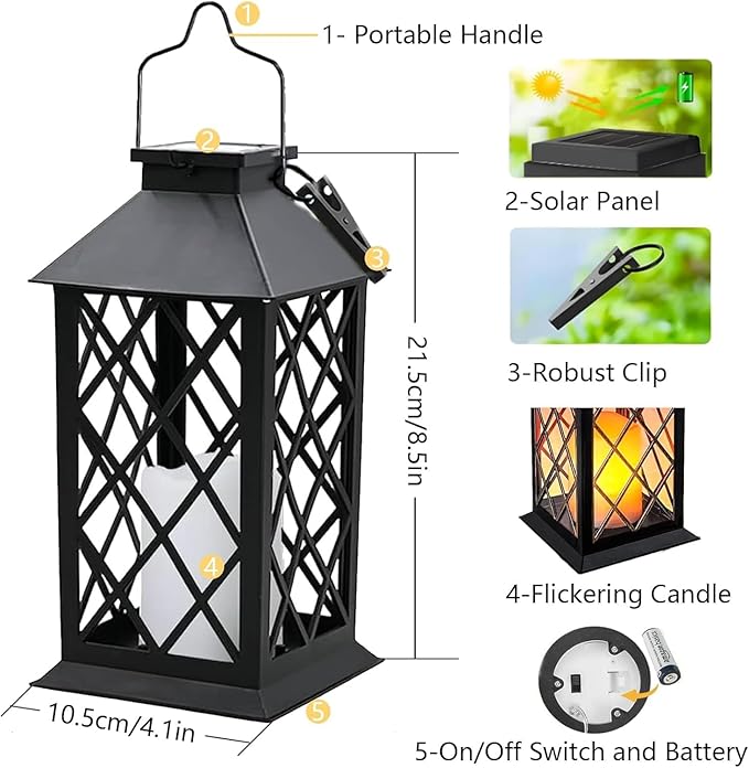 Solar Lanterns Outdoor Waterproof, 2 Pack Glass Hanging Solar Lights with Flickering Flameless Candle, Outdoor Lanterns for Patio Wall Porch Table Garden Yard Tree, Gift for Women Mom - Black