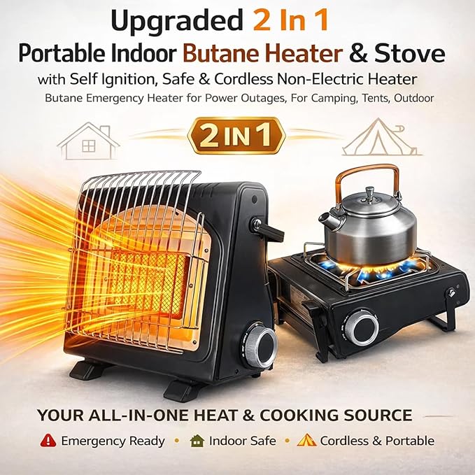 Upgraded 2 In 1 Portable Indoor Butane Heater & Stove with Self Ignition, Safe & Cordless Non Electric Heaters, Butane Emergency Heater for Power Outage, For Camping, Tents, Outdoor (New Black)
