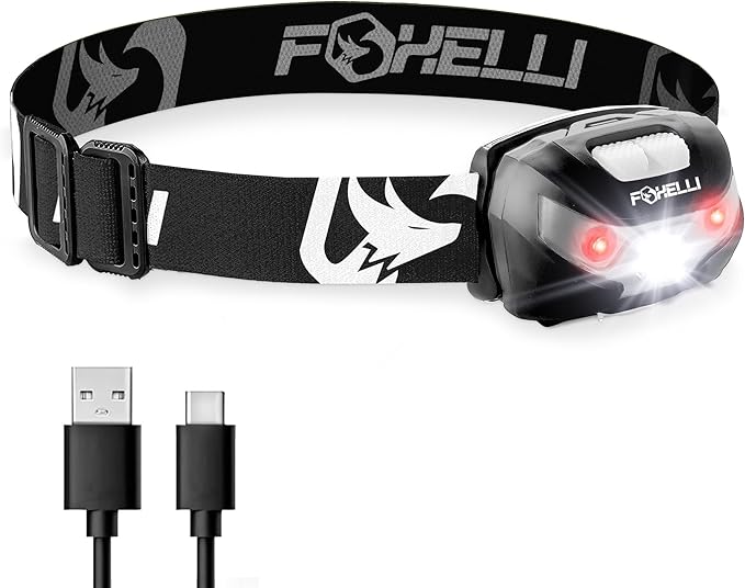 Foxelli USB-C Rechargeable LED Headlamp – Super Bright, Lightweight Head Lamp for Running, Camping, Hiking & Work – Comfortable Fit for Adults & Kids