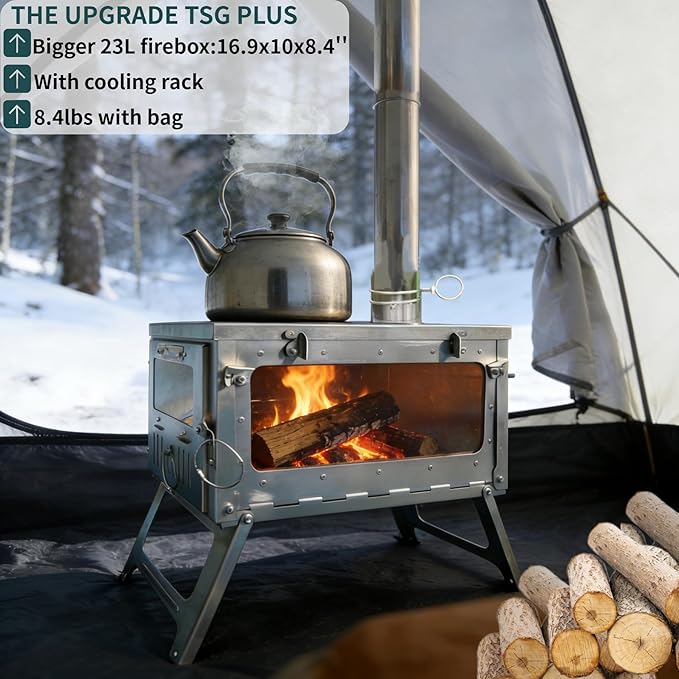 DANCHEL OUTDOOR TSG Portable TA1 Titanium Tent Wood Stove for Backpacking Camping, Collapsible Hot Tent Stove Rollable Chimney Pipe Cooking Hiking (Small/Large)