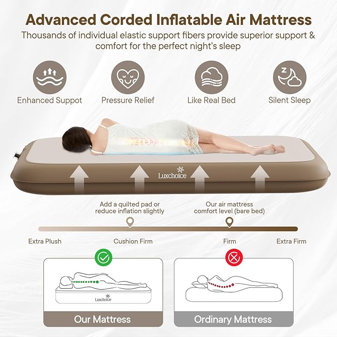 Camping Air Mattress Sleep Cloud Twin with Built in Pump No Air Leak 2 Mins Upgraded Inflatable Mattress Adjustable Firmness 8'' Blow up Mattress Support 1100LBS Portable Home Guests Camping Travel