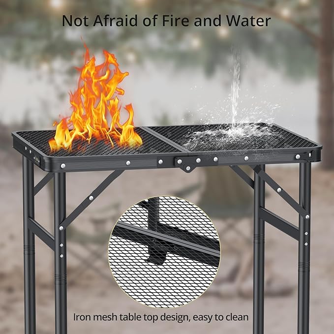 Anbte 2ft Folding Grill Table Max 29.5", 3 Adjustable Height Lightweight Camping Table with Heat-Resistant Mesh Tabletop Portable Handle, Waterproof, for Cooking BBQ Outdoor, 22.8" X 16", Black