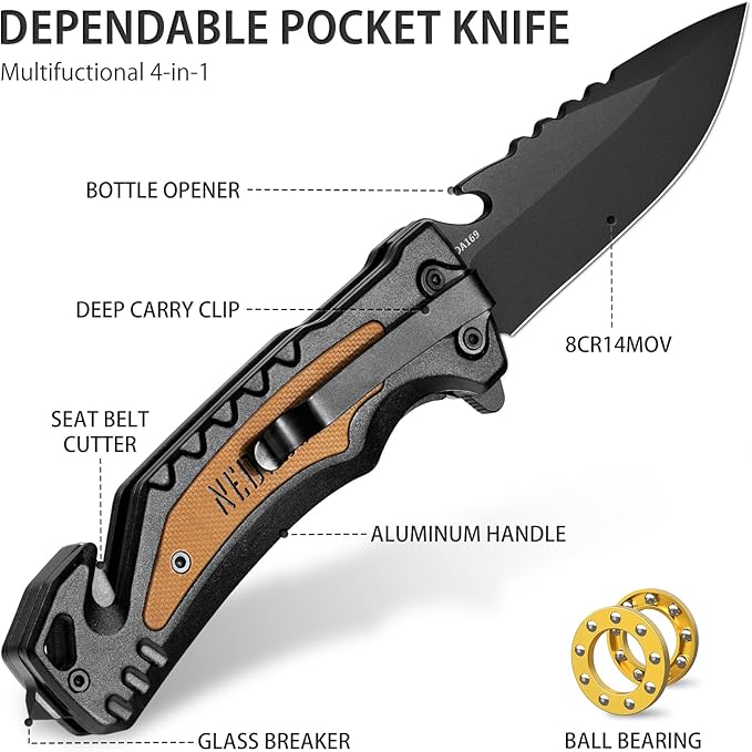 NedFoss DA169 Pocket Knife for Men Women, 4 in 1 Pocket Folding Knives, Survival Knife with Seat Belt Cutter, Glass Breaker, Bottle Opener Camping Knives, Cool Tactical Hunting knife for Men Knives, Mens Stocking Stuffers Fathers Day Gift for Dad
