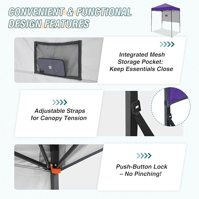 EAGLE PEAK 6x4 Instant Pop Up Canopy Tent with 1 Half Wall Panel, Straight Leg Sun Shelter, Portable Canopy with Carry Bag for Camping, Beach & Sports, Purple