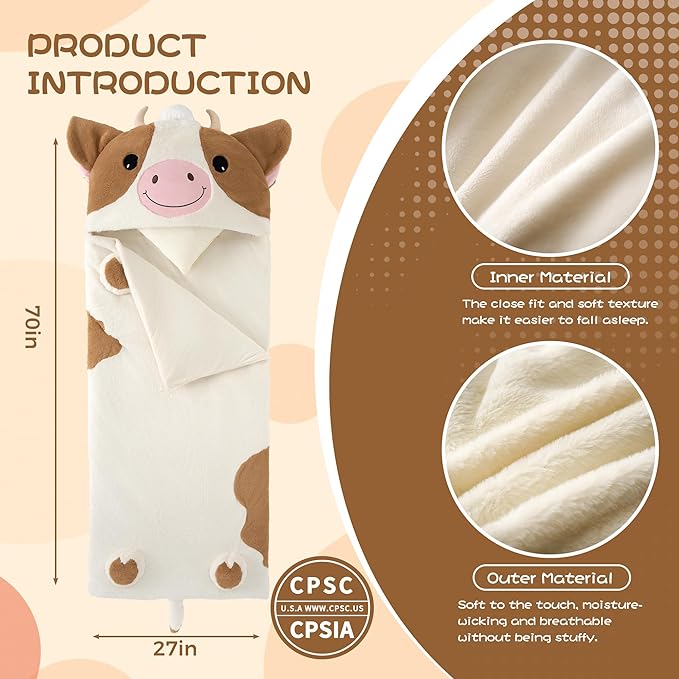 70" 4.2lbs Cow Thickened Kids Nap Mat for Preschool, Daycare,Kindergarten,Soft Washable for Boys and Girls, 2-in-1 Stuffed Animals Sleeping Bag and Pillow, Sleep Sack for Toddlers
