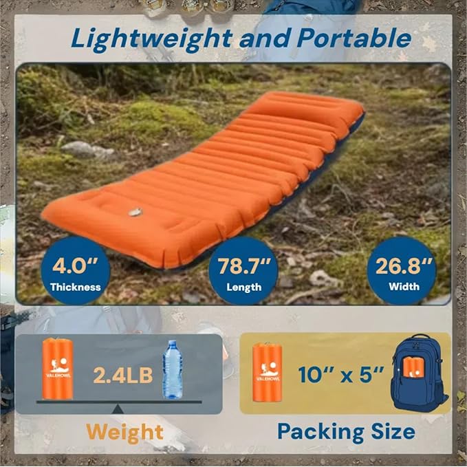 4 Inch Thick Camping Sleeping Pad with Internal Straps - R Value 4.0 for 4 Seasons, Lightweight Sleeping Mat for Hiking, Backpacking, Travel