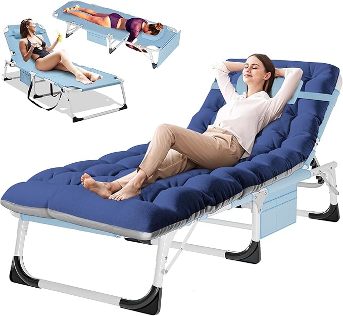 DoCred Folding Lounge Chair with Mattress, 5 Position Adjustable Folding Sleeping Bed Cot Chaise Lounge Chairs Perfect for Sunbathing, Camping, Pool, Beach, Patio