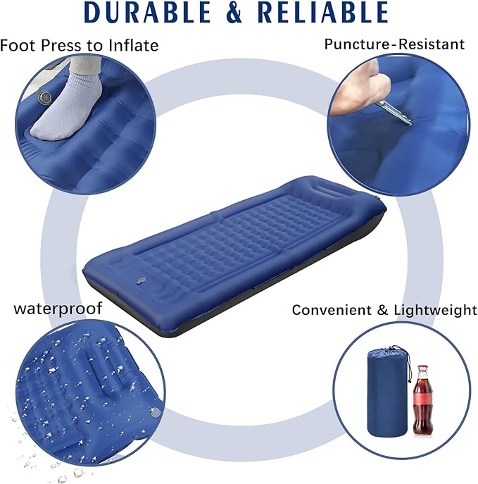 FAQIUQI Camping Sleeping Pads，Extra Thick 5 Inch Inflatable Sleeping Mat with Pillow Built-in Pump，Oversized Mattress Super Portable Backpacking Sleeping Pad (Blue)