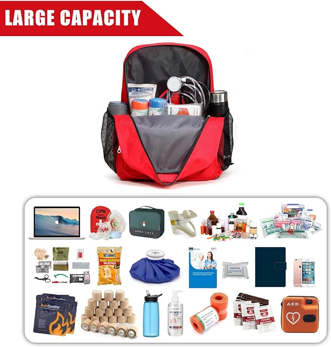 First Aid Backpack Emergency Empty Waterproof Survival First Responder Trauma Bag Travel Home Outdoor Camping (Red)