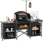 VEVOR Camping Kitchen Table, Outdoor Camp Cooking Table, Aluminum Portable Cook Station with 3 Storage Cupboard, Carrying Bag, Detachable Windscreen, Quick Set-up for BBQ Party Picnic RV Travel, Black