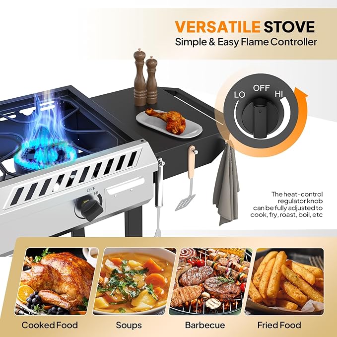 Bonnlo 3 Burner Propane Stove with Inginition, 225000BTU Gas Stove with Side Table Storage Shelf and Portable Rolling Wheels, Gas Burner for Outdoor Camping Patio Backyard Cooking Boiling Frying