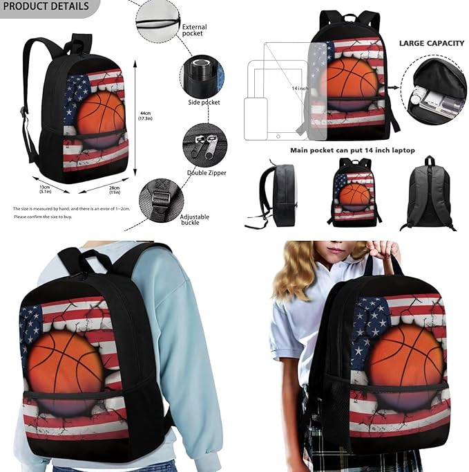 Rnyleeg Basketball Backpack for Kids with Lunchbox American Flag Boys Backpack Set Large Capacity Bookbag Set of 3 for Primary School Back to School Supplies Set