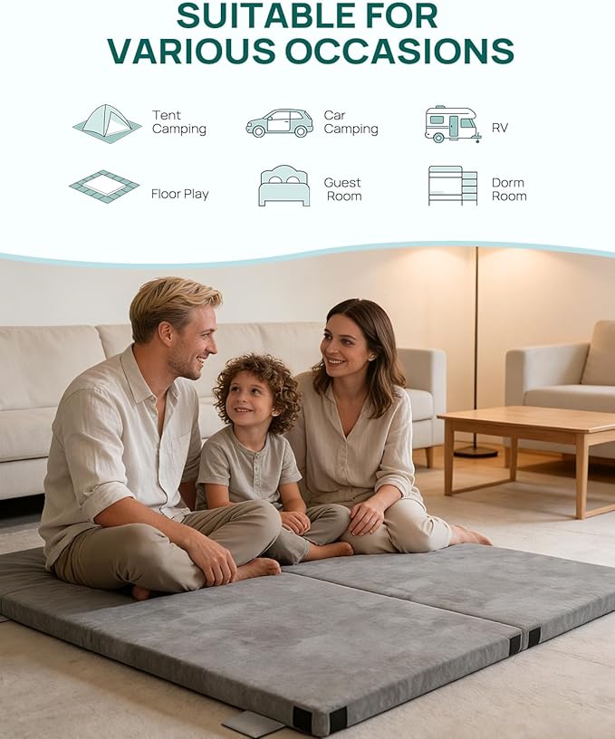 3 Inch Dual-Sided Memory Foam Camping Mattress, Waterproof Camping Sleeping Pad with Portable Pillow & Carry Bag, Roll Up Cot Mattress Mat for Guest Bed/Car/Tent