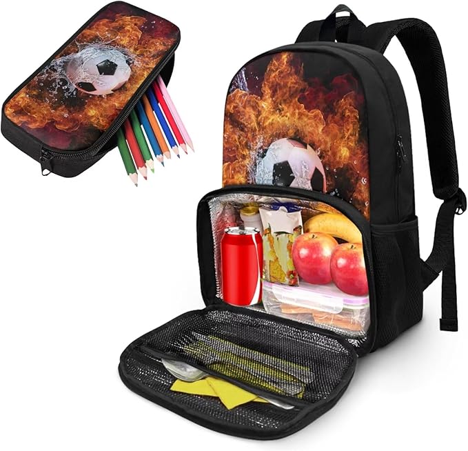 Soocer Backpack for School Boys Bookbag and Pencil Bag for Middle School Elementary Schoolbags, 2 Pcs School Bag with Lunch Box Compartment