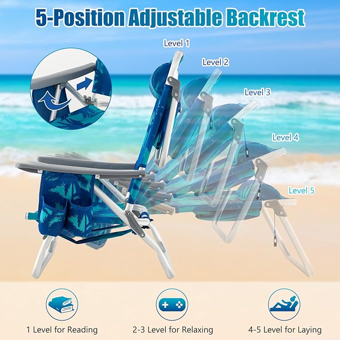 GYMAX Beach Chairs, Backpack Camping Chair with Armrest, Cooler Bag, Cup Holder, Towel Bar & Side Pockets, Sunbath Sling Tanning Lounge, Folding Layout Chair (4 Chairs Without Table, Coconut Tree)