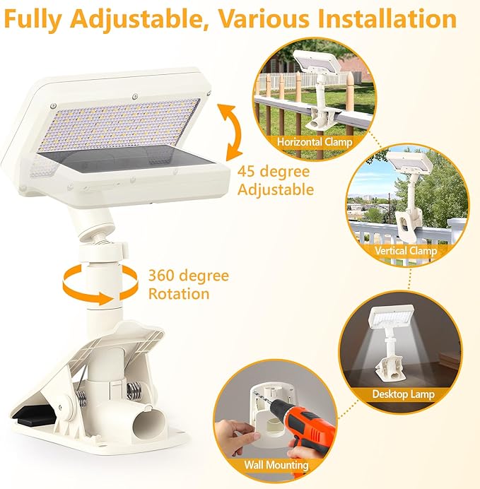 Clip On Solar Lights Outdoor with Motion Sensor, 360°Rotatable & Vertically Adjustable Solar Fence Lights with 92 LEDs (600 LM, 6000 K),IP65 Waterproof Security Light for Deck, Gutter（White, 4 Pack）