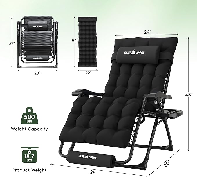 Amopatio Oversized Padded Zero Gravity Chair, XL 29In Reclining Camping Lounge Chair w/Removable Cushion&Headrest, Upgraded Lock and Footrest, Folding Patio Recliner for Indoor Outdoor, Black