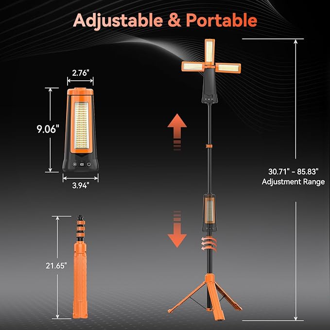 15000 mAh Rechargeable Camping Light with Stand, Cordless Work Light with 3 LED Lamp Heads, 5500 Lumens Dimmable Camping Essentials Gear Emergency Flashlight with 86" Detachable Tripod, Orange
