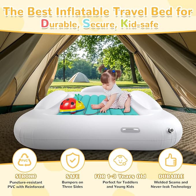 Inflatable Toddler Travel Bed - Portable Toddler Kids Travel Bed with Safety Sides Complete Kids Air Mattress Set with High-Speed Pump, Ideal for Vacation Camping and Sleepover (60 Inches)
