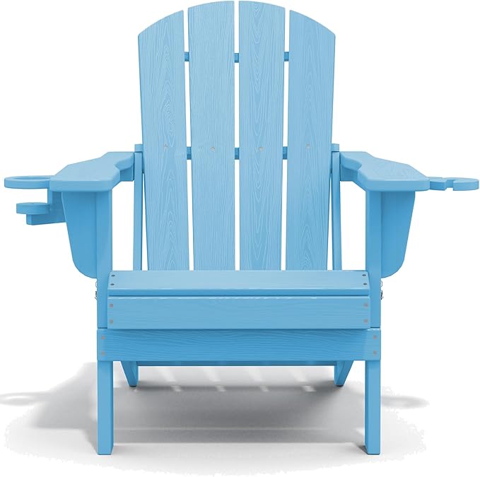 SERWALL Adirondack Chair with Cup Holders - Composite Adirondack Chairs Set of 8 HDPE Outdoor Chairs All Weather Use- Light Blue