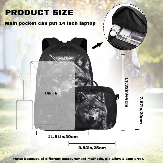 Wolf Backpack for Men Black Bookbag with Lunch Box Lightweight Satchel Bag with Adjustable Shoulder Strap for Men Casual Book Bag for Travel Outdoor