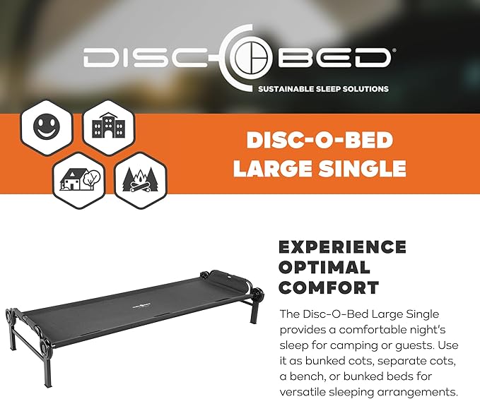 Disc-O-Bed Large Outdoor Modular 1 Person Single Camping Cot Portable Bed for Adults, Sleep Solution for Tents, Black