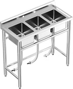 Zstar Stainless Steel Sink, 3-Compartment Freestanding Sink with Hot & Cold Hoses, Commercial Kitchen Utility Sink for Garage, Restaurant, Backyard for Indoor Outdoor (33in)
