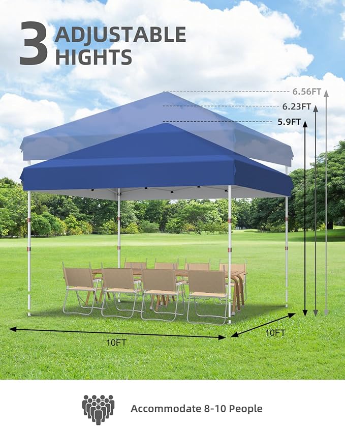GarveeLife 10x10 Pop Up Canopy with One Button Push Setup - Heavy Duty Outdoor Canopy Tent with Portable Roller Bag - 3 Adjustable Height, 4 Weight Bags, 8 Stakes & 4 Guy Ropes Included, Blue