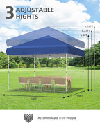 GarveeLife 10x10 Pop Up Canopy with One Button Push Setup - Heavy Duty Outdoor Canopy Tent with Portable Roller Bag - 3 Adjustable Height, 4 Weight Bags, 8 Stakes & 4 Guy Ropes Included, Blue