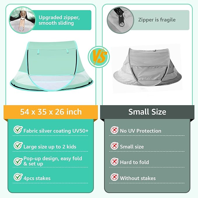 Baby Beach Tent, Pop Up Beach Tent Sun Shade for Beach, UPF 50+ UV Protection Sun Shelters for Infants with Carry Bag for Outdoor Travel, Camping(Green)