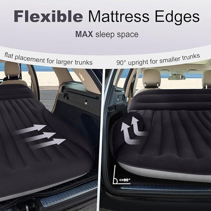 SUV Air Mattress, Double-Sided Thick Flocked Car Air Mattress with Built-in Pump & Pillow, Complete Sleeping Accessories for Auto Camping & Road Trips（Blue Black）