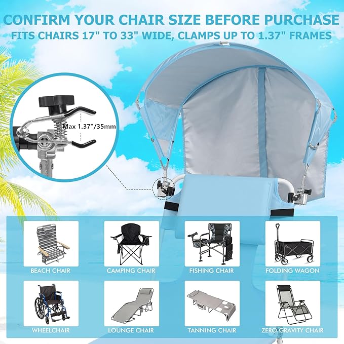 Universal Chair Umbrella Canopy, UPF 50+ Sun Shade with Adjustable Clamp, Fits Most Brands’ Beach, Camping, Lawn, Tanning, Zero Gravity, Lounge & Fishing Chairs, Patent Design