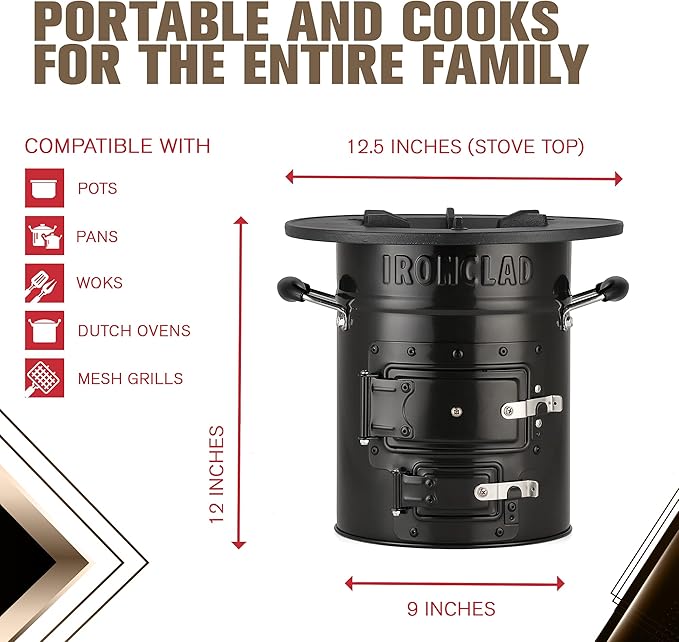 Rocket Stove – Camping Wood Stove for Emergency Preparedness, Survival, Off Grid Living Supplies – Portable Wood Burning Stove with Canvas Storage Bag and Fuel Support System