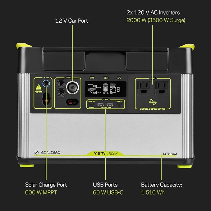 Goal Zero Yeti - Yeti 1500X w/ 1,516 Watt Hours Battery Capacity, USB Ports & AC Inverter - Includes 2 Nomad 200 Solar Panels, For Camping, Outdoor, Off-Grid & Home Use