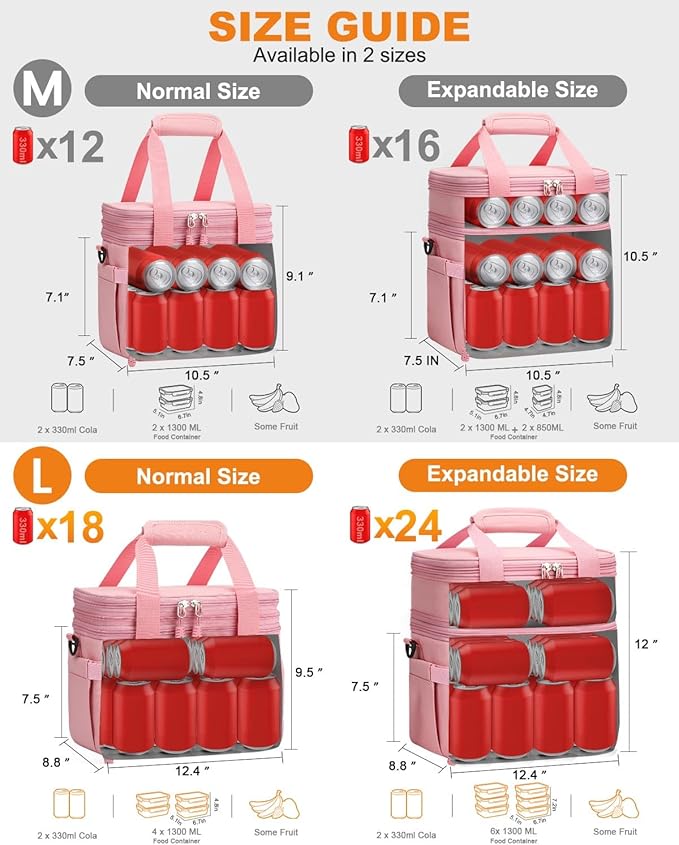 Lunch Box For Men Women Double Deck Insulated Lunch Bag For Men Woman Leakproof Expandable Cooler Bag with Adjustable Shoulder Strap for Kids Shool Work Picnic Camping(Pink,Large)