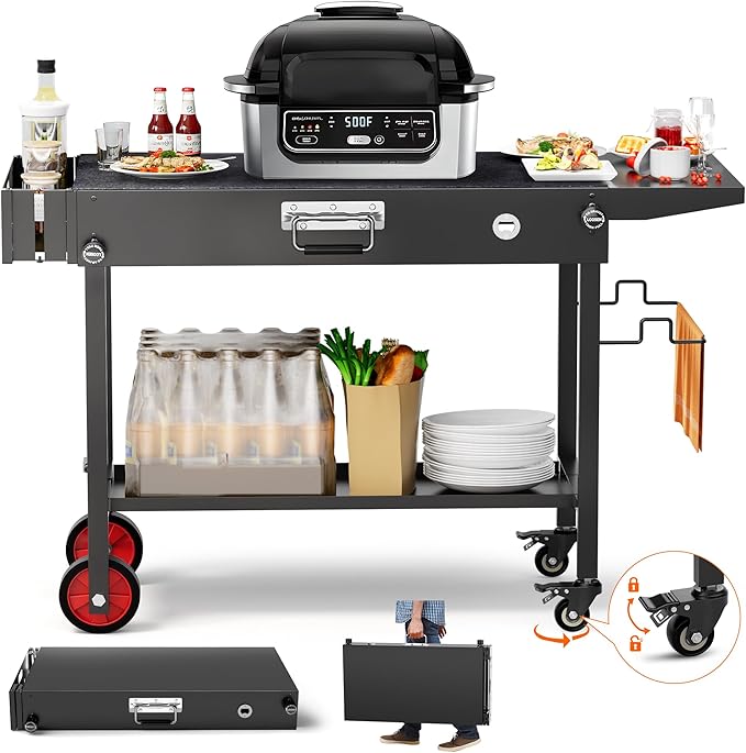 Portable Grill Table Cart with Wheels Foldable Blackstone Griddle Stand for 17"/22" Griddles, Ninja Woodfire Grill & Weber, Outdoor BBQ Prep Table with Storage Shelf Caddy for Camping, Tailgating