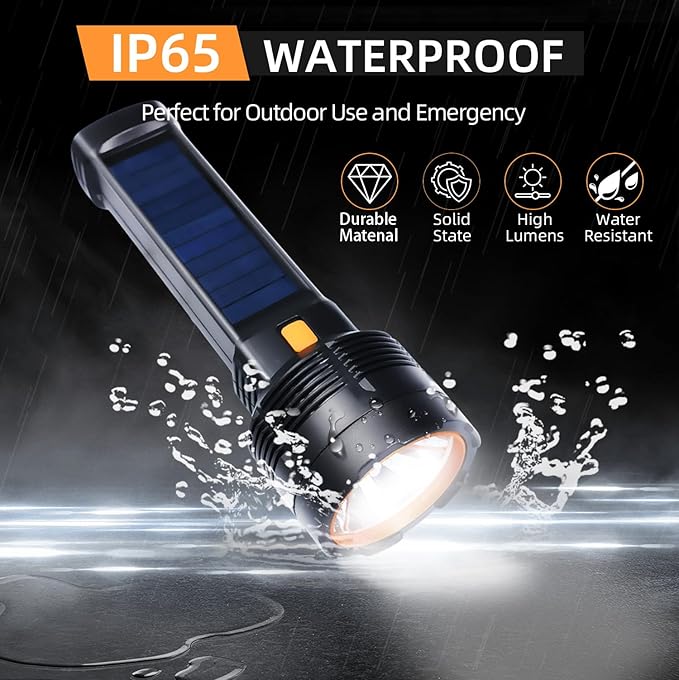 Queena 2 Pack LED Rechargeable Flashlight - 100000 Lumens Super Bright Solar Flashlights, Compact & Waterproof Flash Light for Home, Camping,Hiking, Emergencies, Adventures