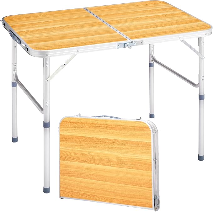 Outvita 3ft Portable Folding Camping Table, Outdoor Waterproof Adjustable Height Table, Aluminum Lightweight Suitcase Foldable Table for Picnic BBQ Beach Dining