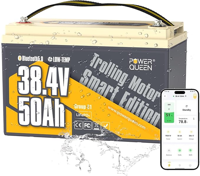 Power Queen 36V50Ah LiFePO4 Battery with Bluetooth 5.0 Remote Control, Low-temperature Protection, 1920Wh Energy, Deep Cycle Lithiumn Battery for 36V Trolling Motor Up To 120 lb