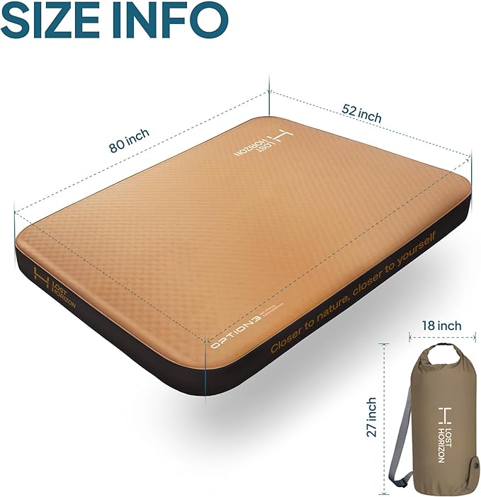 LOSTHORIZON Air & Foam Camping Mattress, Self-Inflating Sleeping Pad, 4.5" Thick, with Air Pump, Full
