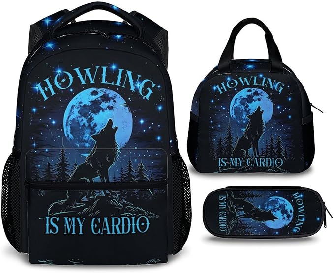 Boys Backpack, Wolf Gifts, Cool Wolf Backpacks for Kids 6-8, 17 Inch School Bag with Lunch Box, Large Capacity Student Bookbag and Pencil Case Bundle for Travel School