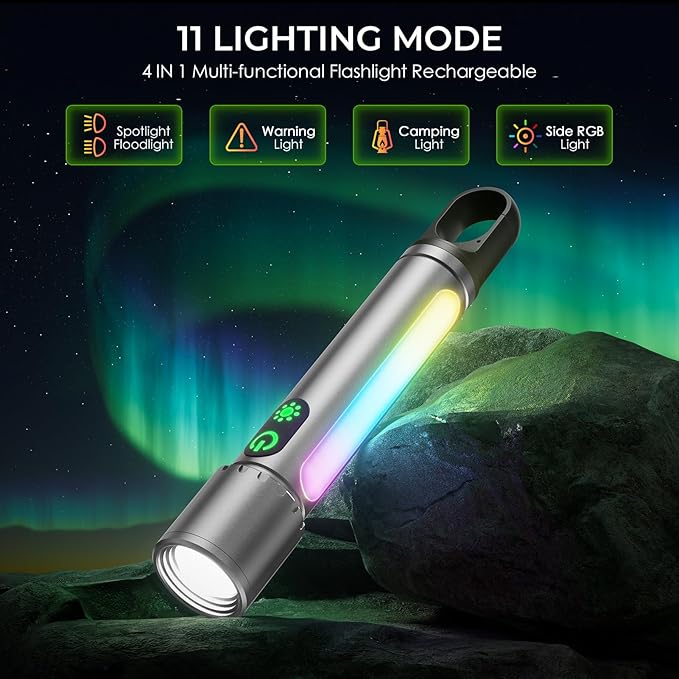 Magnetic Flashlight Rechargeable,2000LM 5000mAh Flashlights High Lumens with 18 Modes,Waterproof, Adjustable,Powerful Flash Light,Multi-Flashlights for Home,Car,Hiking,Camping (1, Silver)