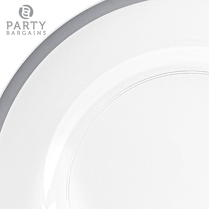 PARTY BARGAINS 13-Inch Charger Plates - 96 Pack, Clear Silver Rim, Heavy-Duty Disposable Chargers for Elegant Dining - Ideal for Weddings and Formal Events